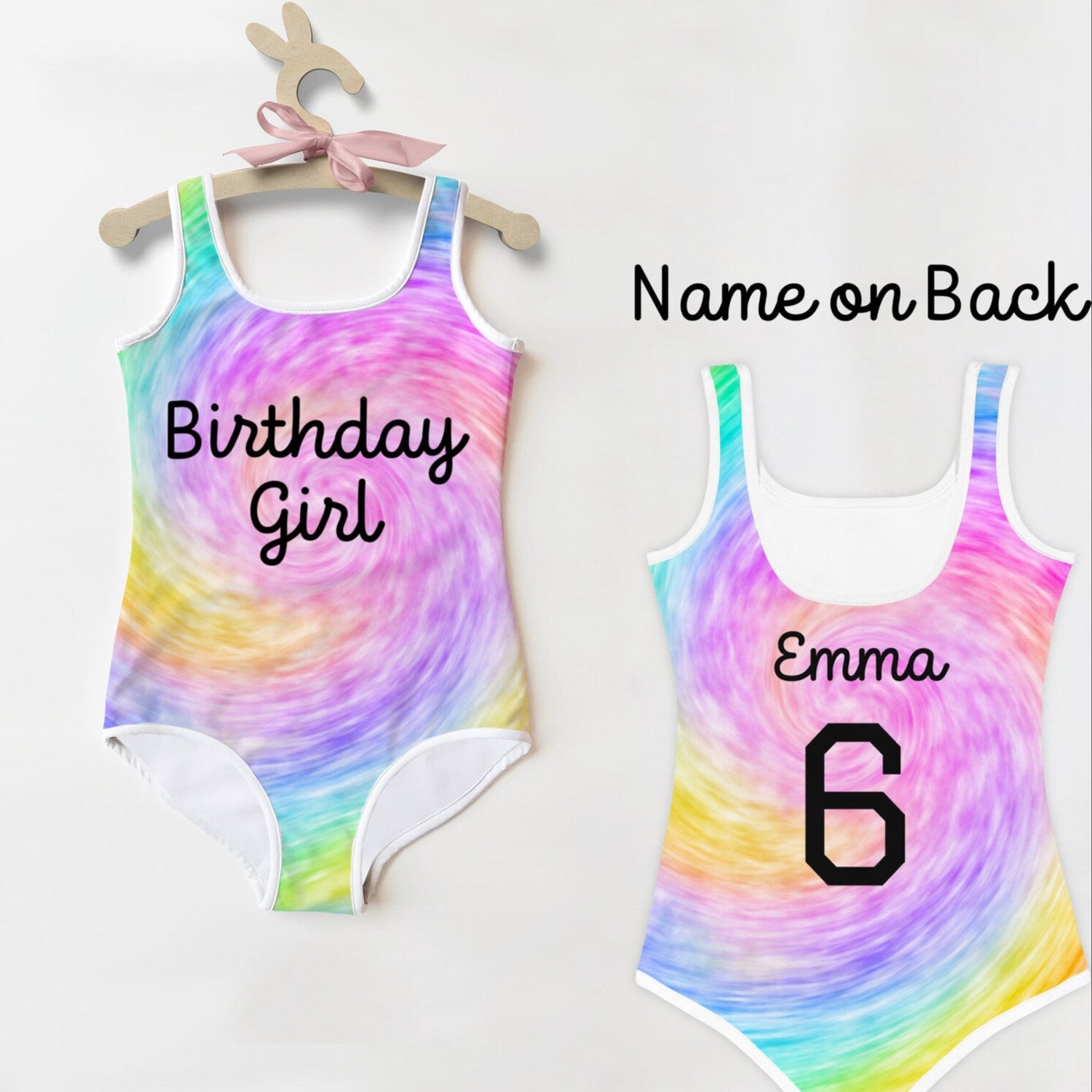 Girls Custom Age Name Faux Rainbow Tie Dye Swimsuit TwirlCove