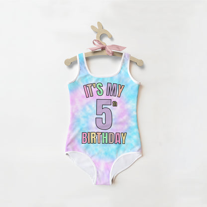 Girls Tie Dye Custom Age It's My Birthday Swimsuit