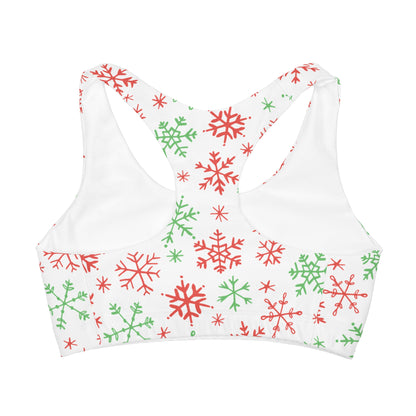 Girls Red And Green Snowflakes Sports Bra