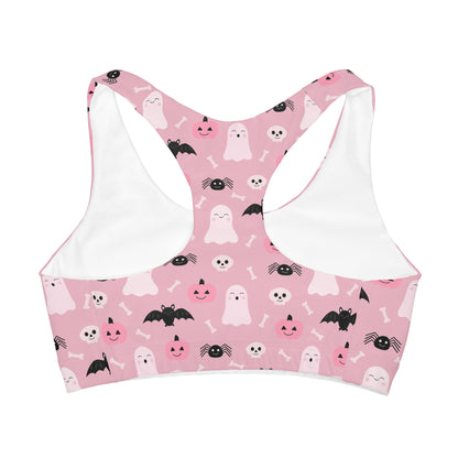 Girls Cute Ghost And Bats Pink Halloween Sports Bra