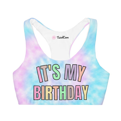 Girls Faux Tie Dye It's My Birthday Sports Bra