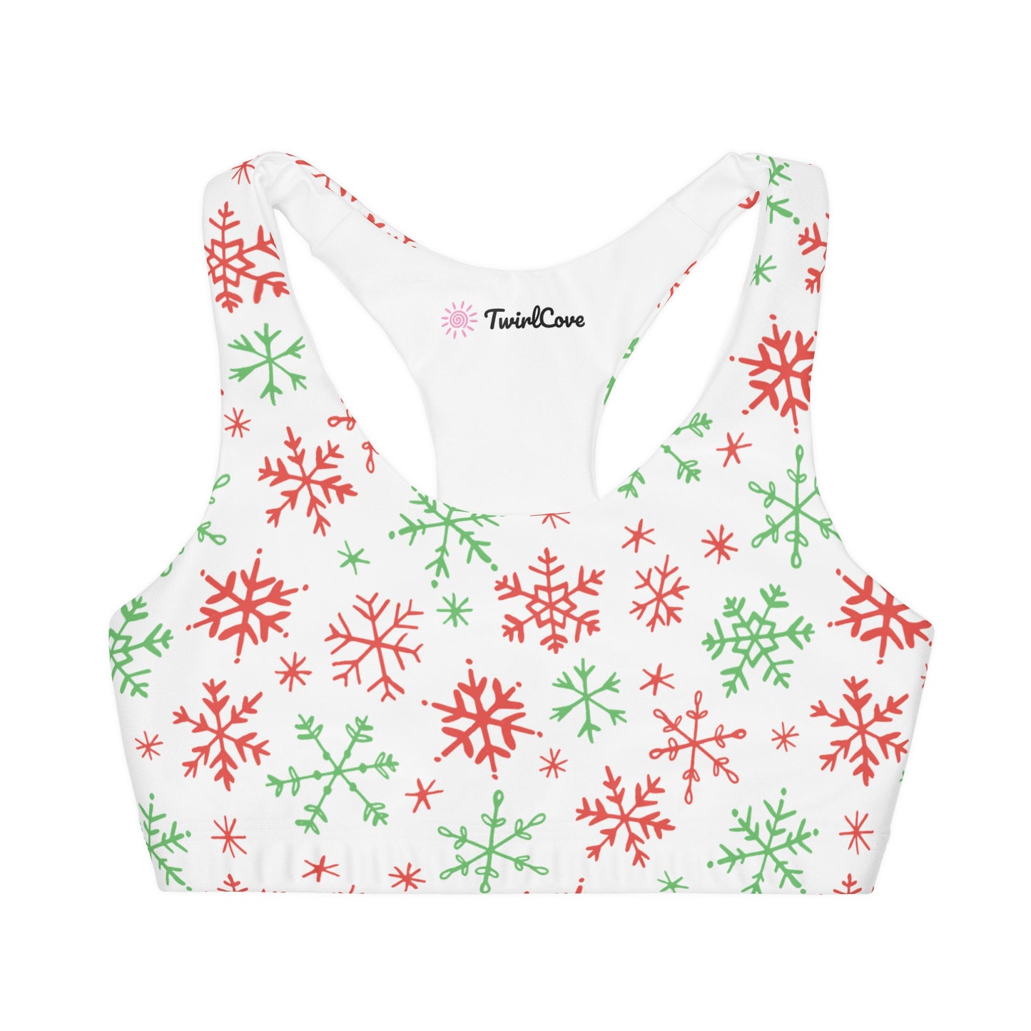 Girls Red And Green Snowflakes Sports Bra