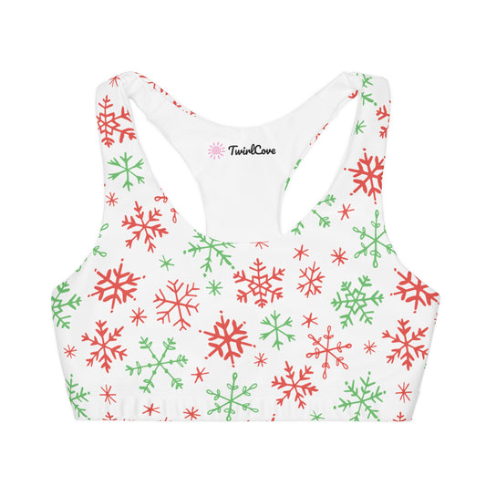 Girls Red And Green Snowflakes Sports Bra