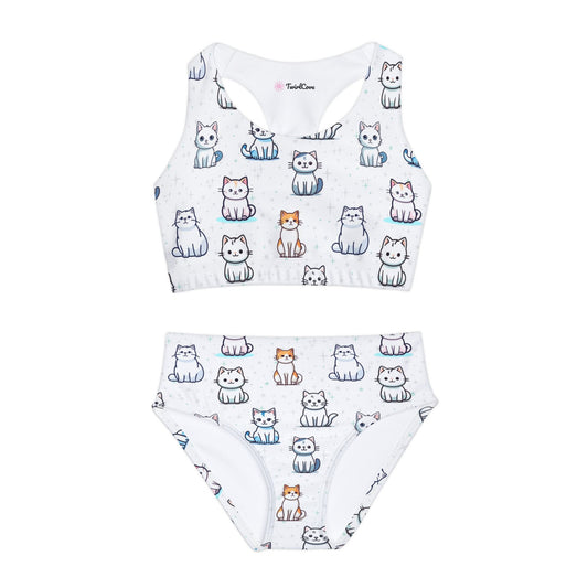 Girls Cat Pattern Two Piece Swimsuit