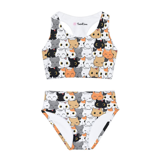 Girls Cat Face Two Piece Swimsuit