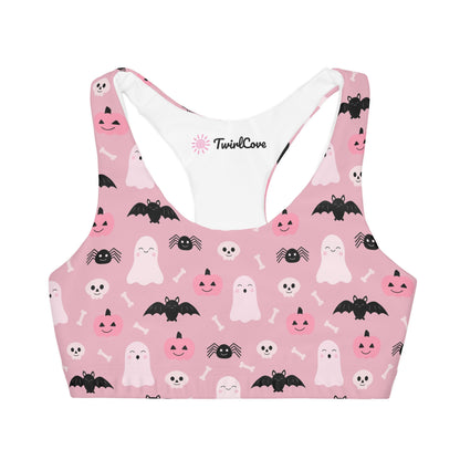 Girls Cute Ghost And Bats Pink Halloween Sports Bra