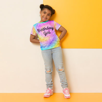 Girls Rainbow Faux Tie Dye Birthday Girl T-Shirt