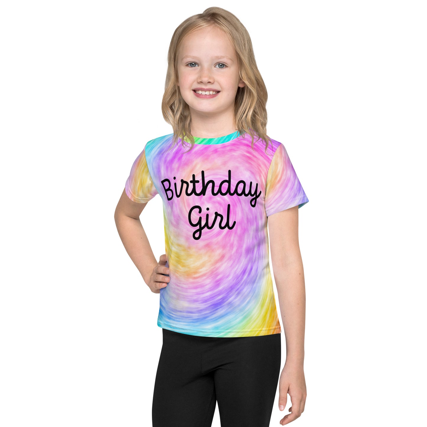 Girls Rainbow Faux Tie Dye Birthday Girl T-Shirt