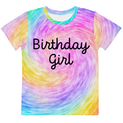 Girls Rainbow Faux Tie Dye Birthday Girl T-Shirt