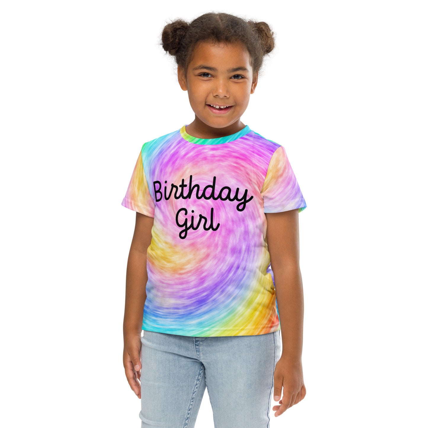 Girls Rainbow Faux Tie Dye Birthday Girl T-Shirt