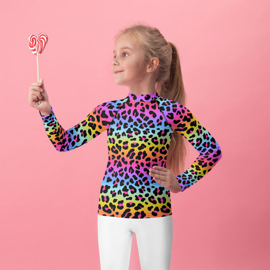 Girls Rainbow Cheetah Long Sleeve Rash Guard Swim Shirt - UPF 50+