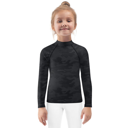 Kids Black Camouflage Long Sleeve Rash Guard Swim Shirt With UPF 50+