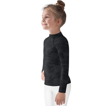 Kids Black Camouflage Long Sleeve Rash Guard Swim Shirt With UPF 50+