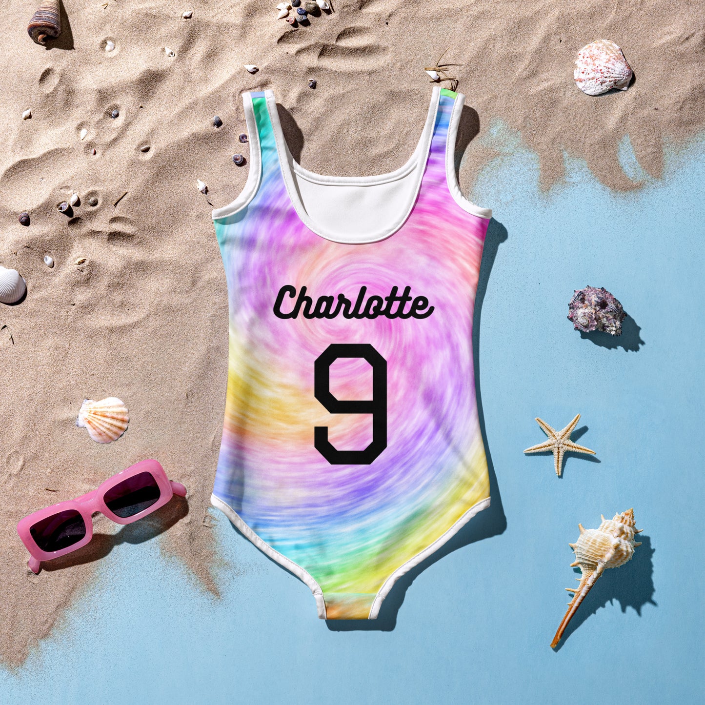 Girls Custom Age & Name Faux Rainbow Tie Dye Swimsuit