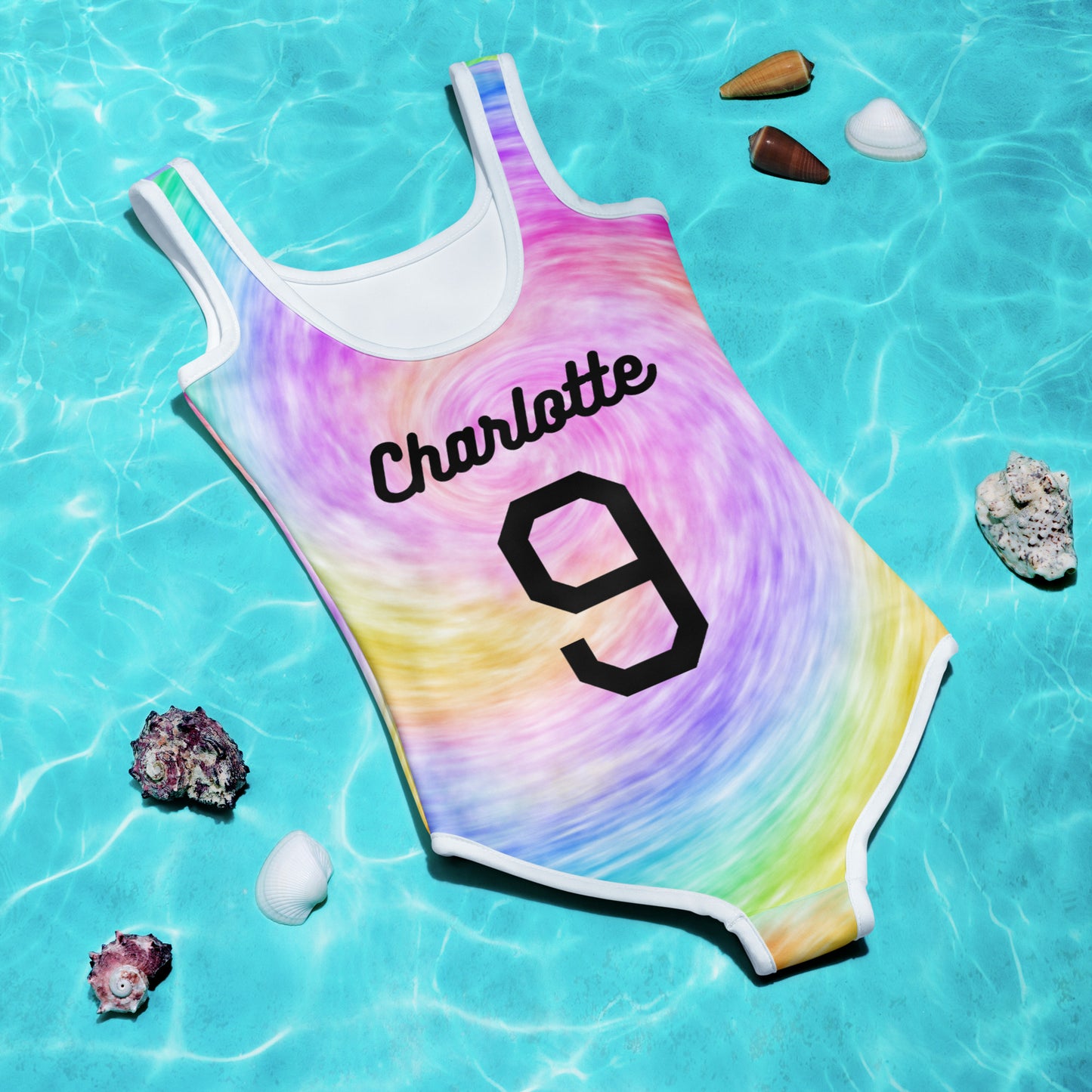 Girls Custom Age & Name Faux Rainbow Tie Dye Swimsuit