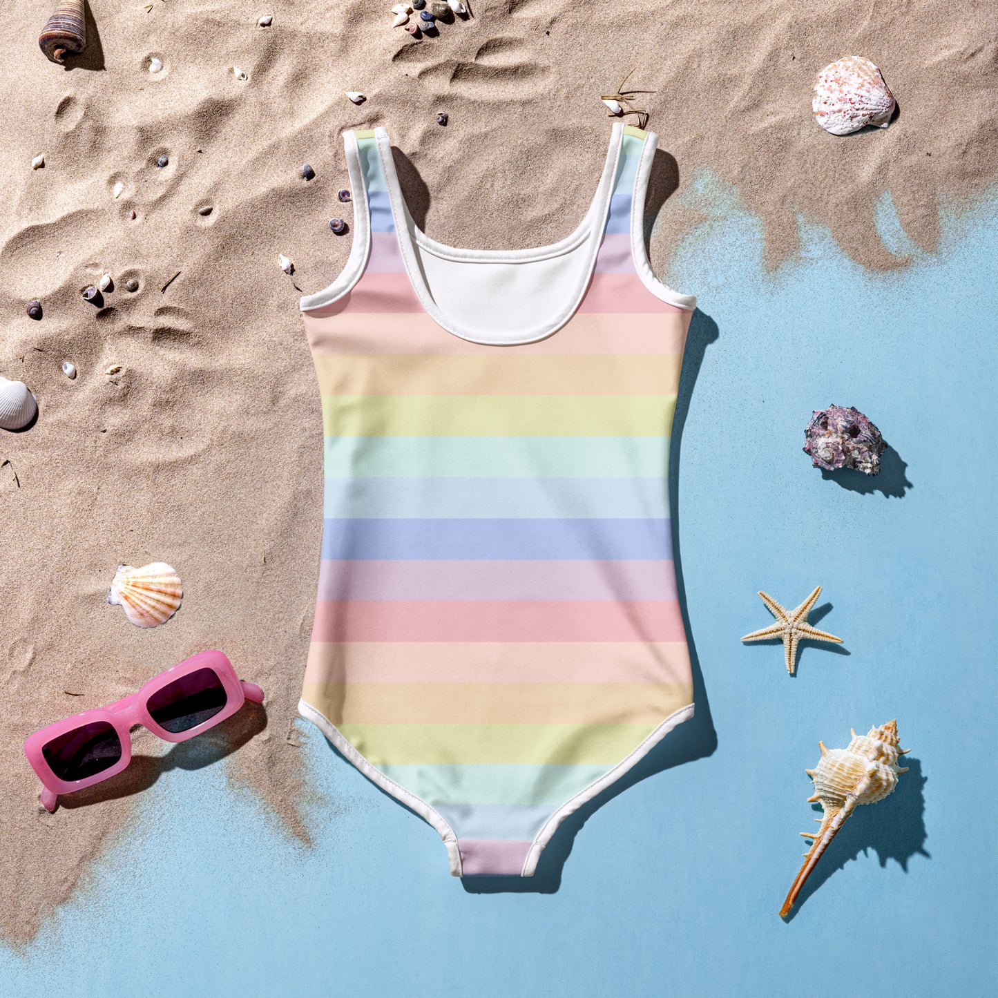 Girls Pastel Striped Rainbow Swimsuit