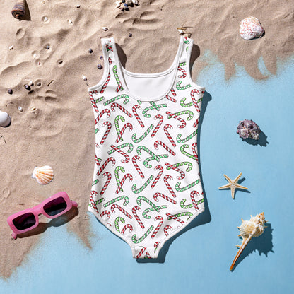 Girls Red & Green Candy Cane Christmas Swimsuit