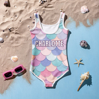 Girls Rainbow Mermaid Custom Age & Name Birthday Swimsuit