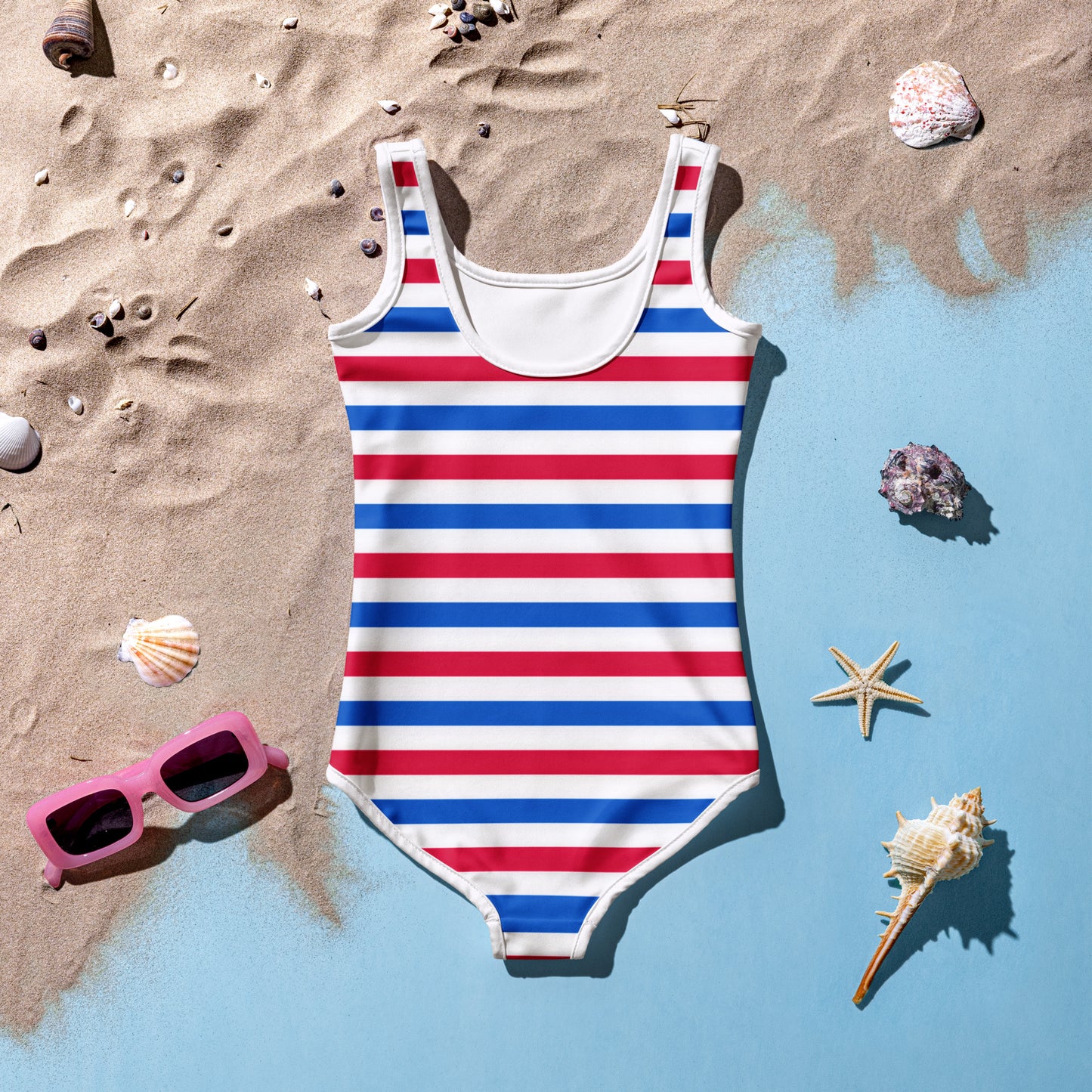 Girls Striped Red, White And Blue 4th Of July Swimsuit