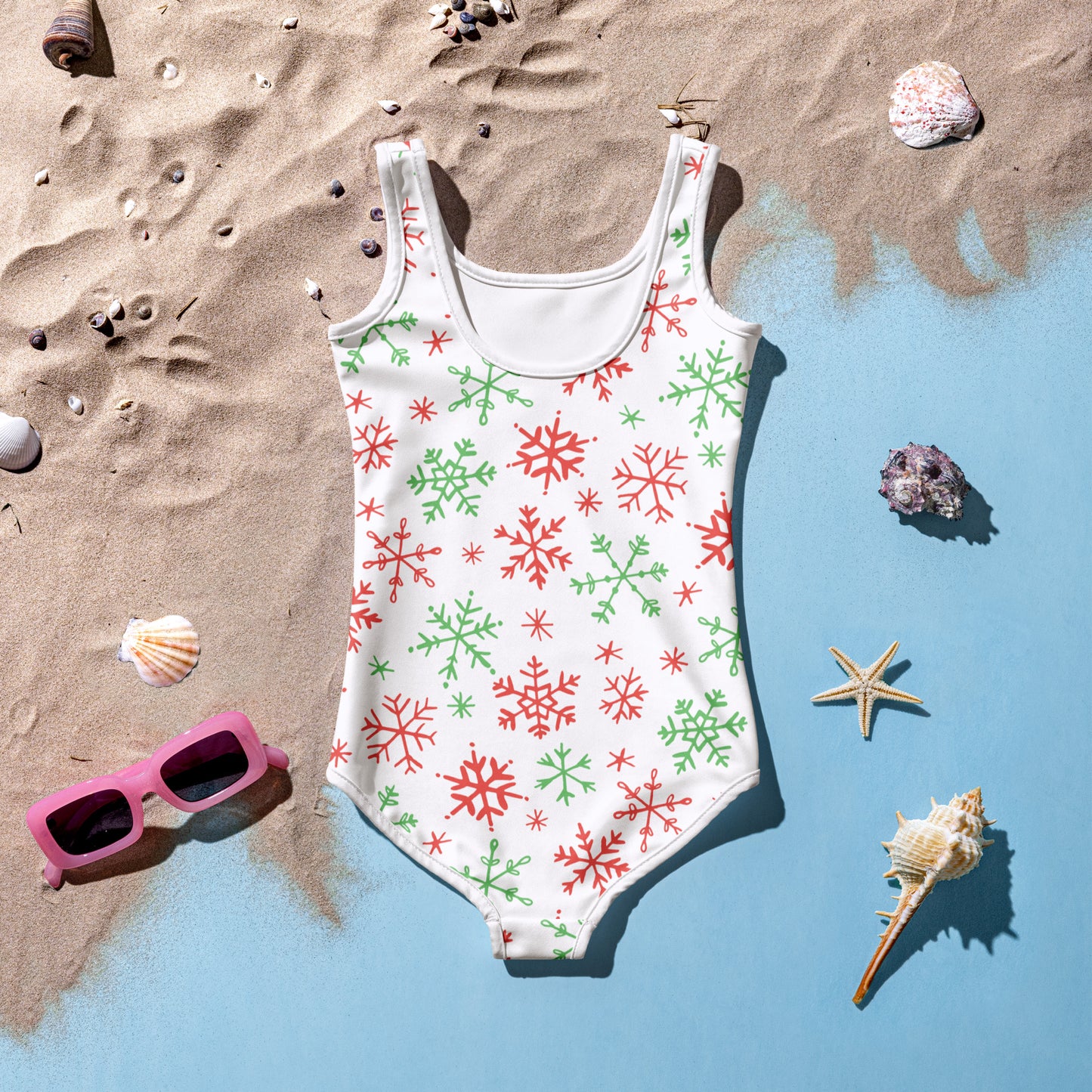 Girls Red And Green Snowflakes Christmas Swimsuit