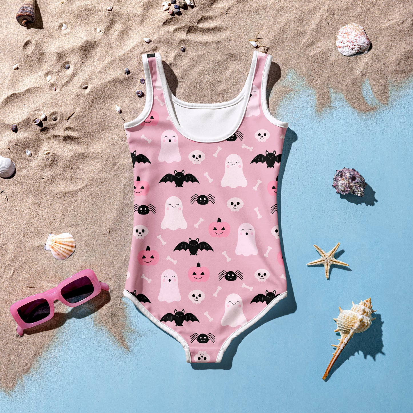 Girls Cute Ghost And Bats Pink Halloween Swimsuit