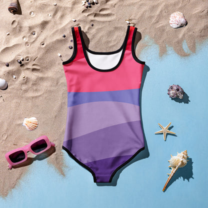 Girls Abstract Waves One Piece Swimsuit - Vibrant Red, Purple & Pink UPF 50+ Swimwear for Toddlers and Youth