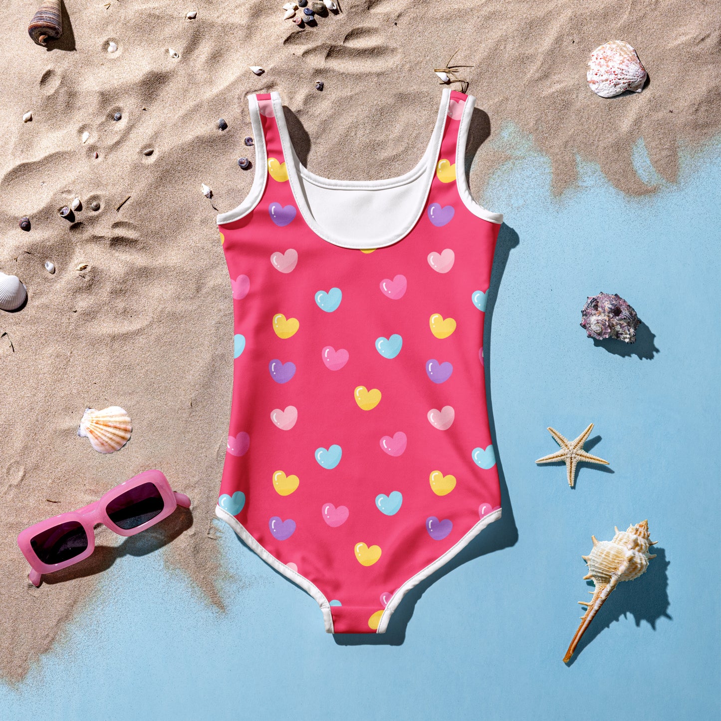 Girls Colorful Hearts Pink Buttery Soft Swimsuit With UPF 50+