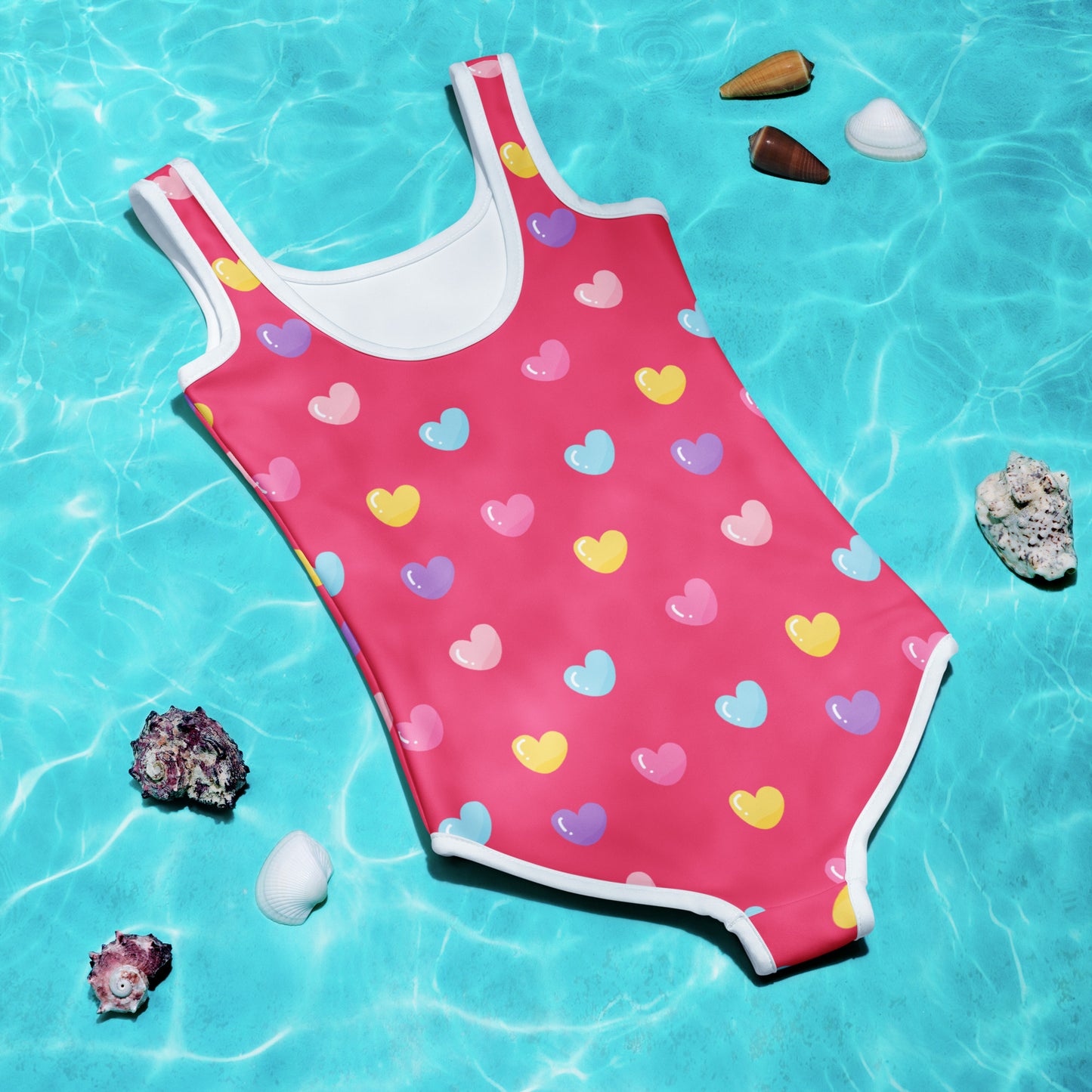 Girls Colorful Hearts Pink Buttery Soft Swimsuit With UPF 50+