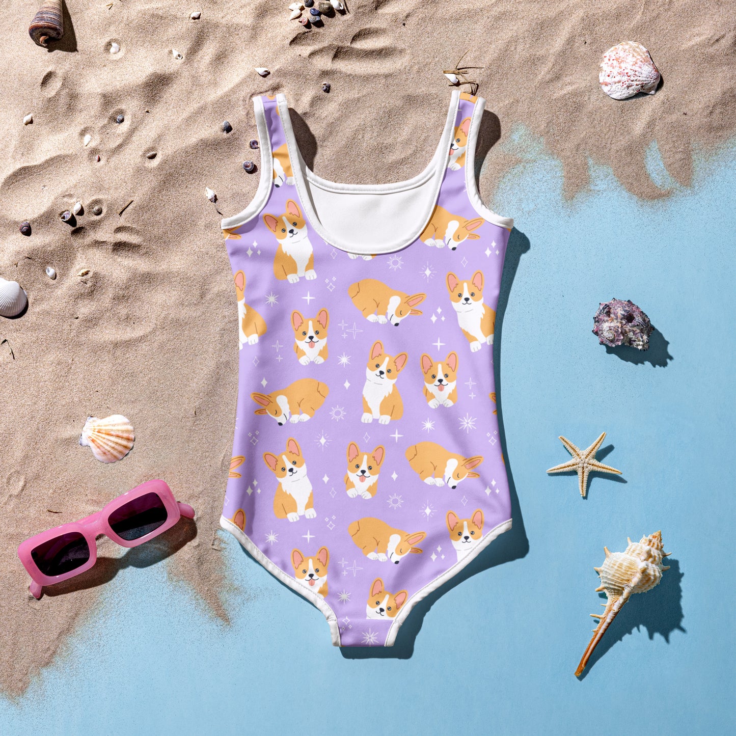 Girls Purple Corgi Dog Buttery Soft Swimsuit With UPF 50+