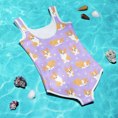 Girls Purple Corgi Dog Buttery Soft Swimsuit With UPF 50+