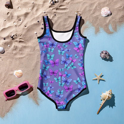 Girls Purple Butterflies Buttery Soft Swimsuit With UPF 50+