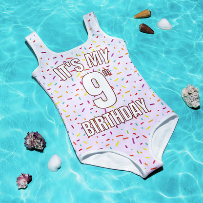 Girls Colorful Sprinkles Custom Age It's My Birthday Swimsuit