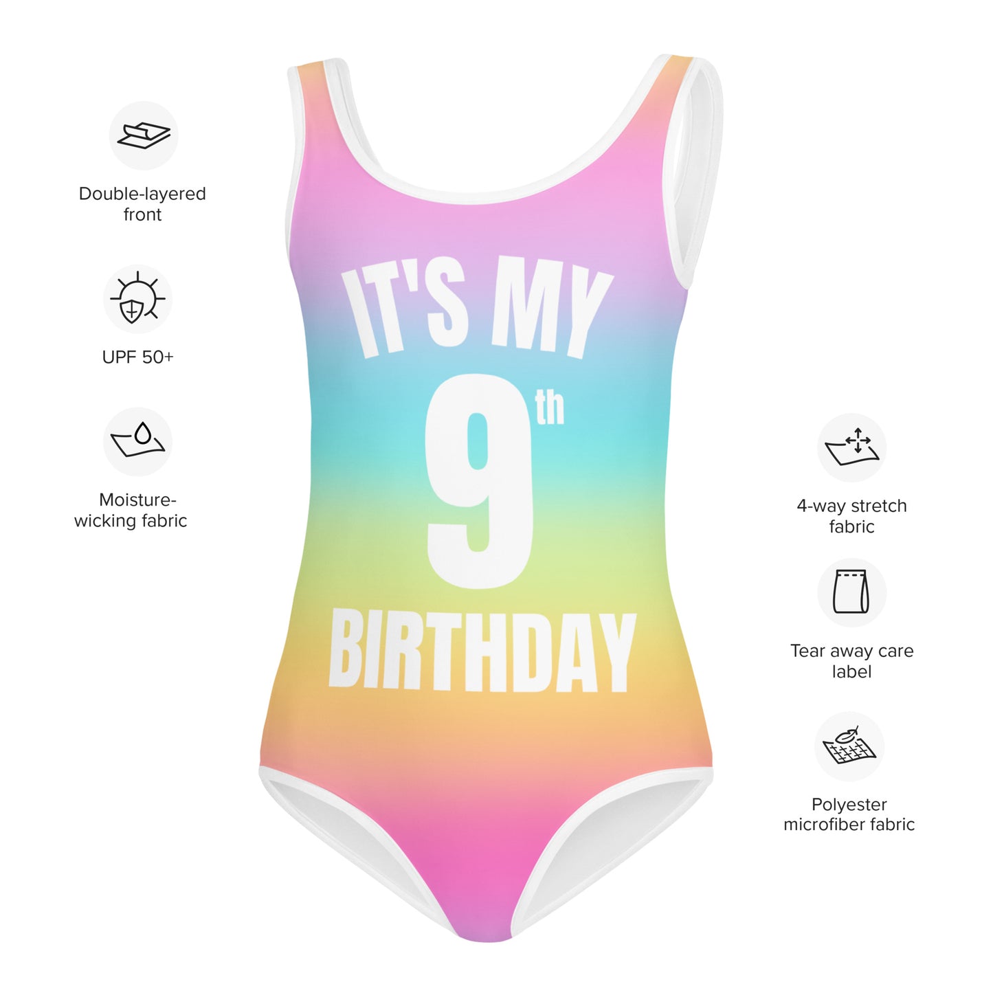 Girls Bright Rainbow Custom Age With Name On Back It's My Birthday Swimsuit