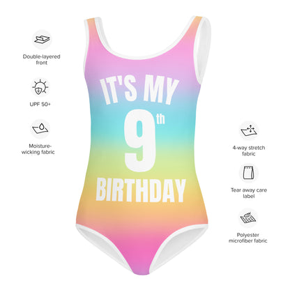 Girls Bright Rainbow Custom Age With Name On Back It's My Birthday Swimsuit