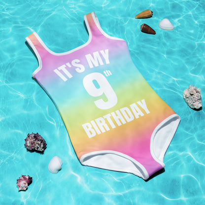 Girls Bright Rainbow Custom Age With Name On Back It's My Birthday Swimsuit