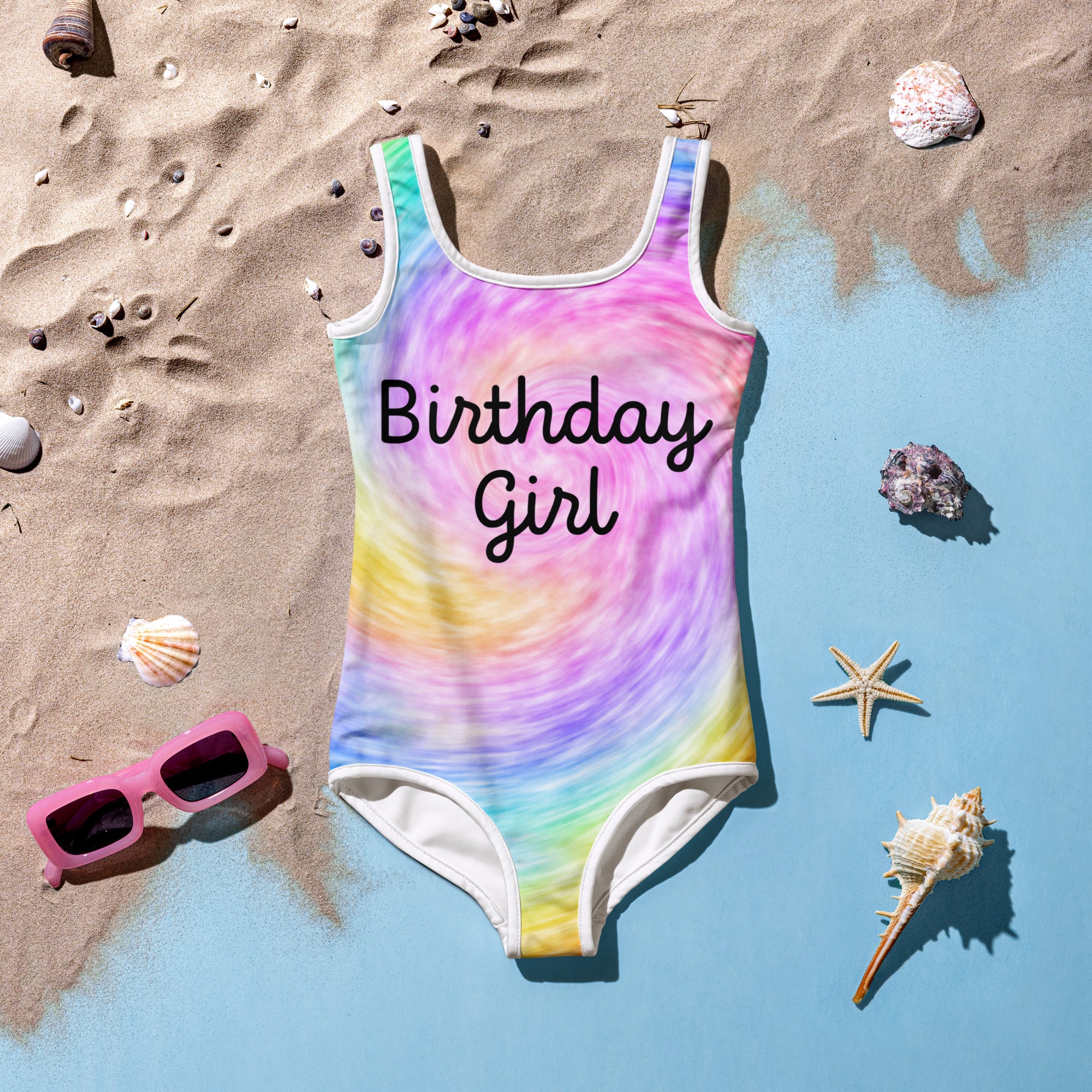 Girls Custom Age Name Faux Rainbow Tie Dye Swimsuit TwirlCove