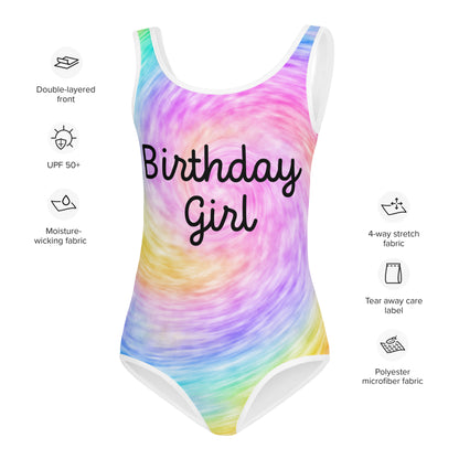 Girls Custom Age & Name Faux Rainbow Tie Dye Swimsuit