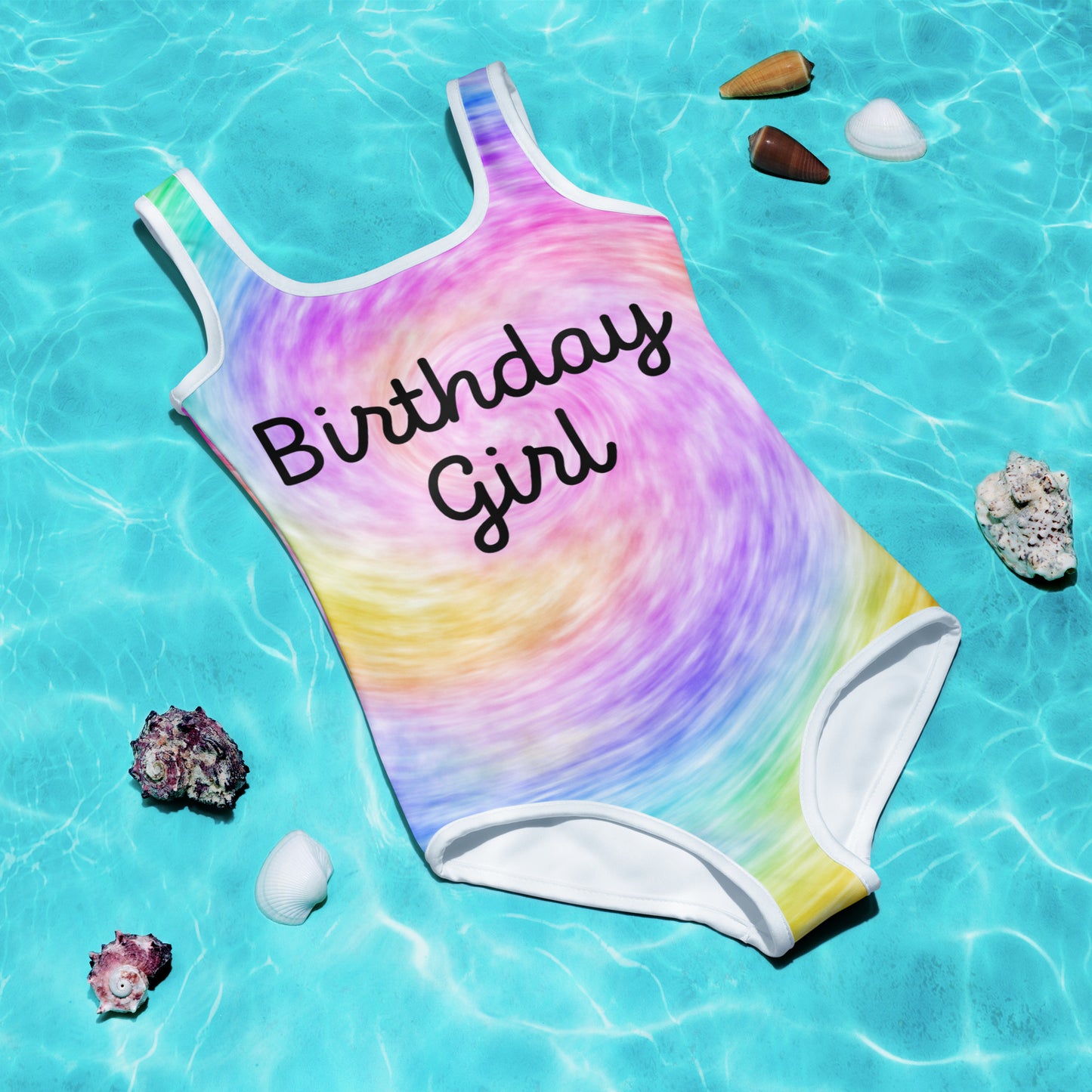 Girls Custom Age & Name Faux Rainbow Tie Dye Swimsuit