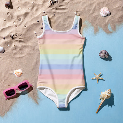 Girls Pastel Striped Rainbow Swimsuit