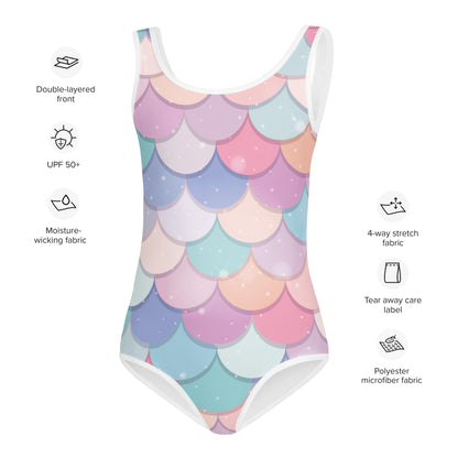 Girls Rainbow Mermaid Scales Buttery Soft Swimsuit With UPF 50+