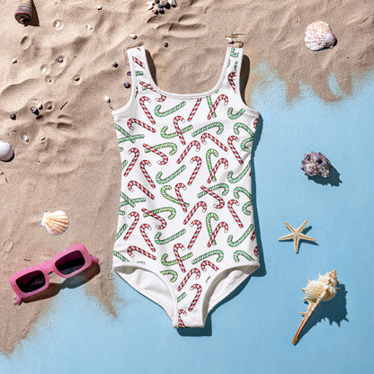 Girls Red & Green Candy Cane Christmas Swimsuit