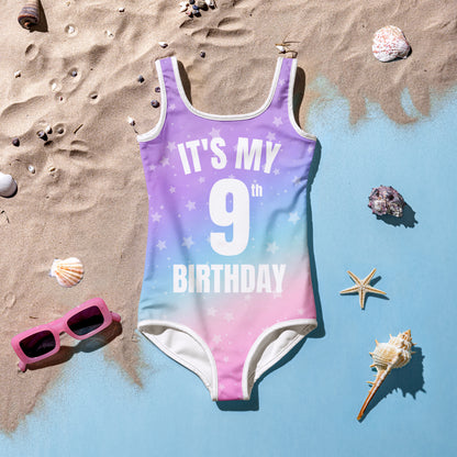 Girls Custom Age It's My Birthday Rainbow Stars Swimsuit