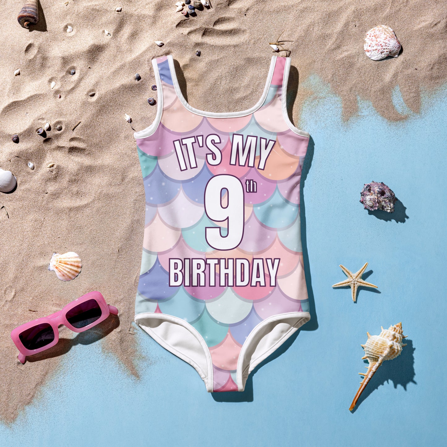 Girls Rainbow Mermaid Custom Age Birthday Swimsuit