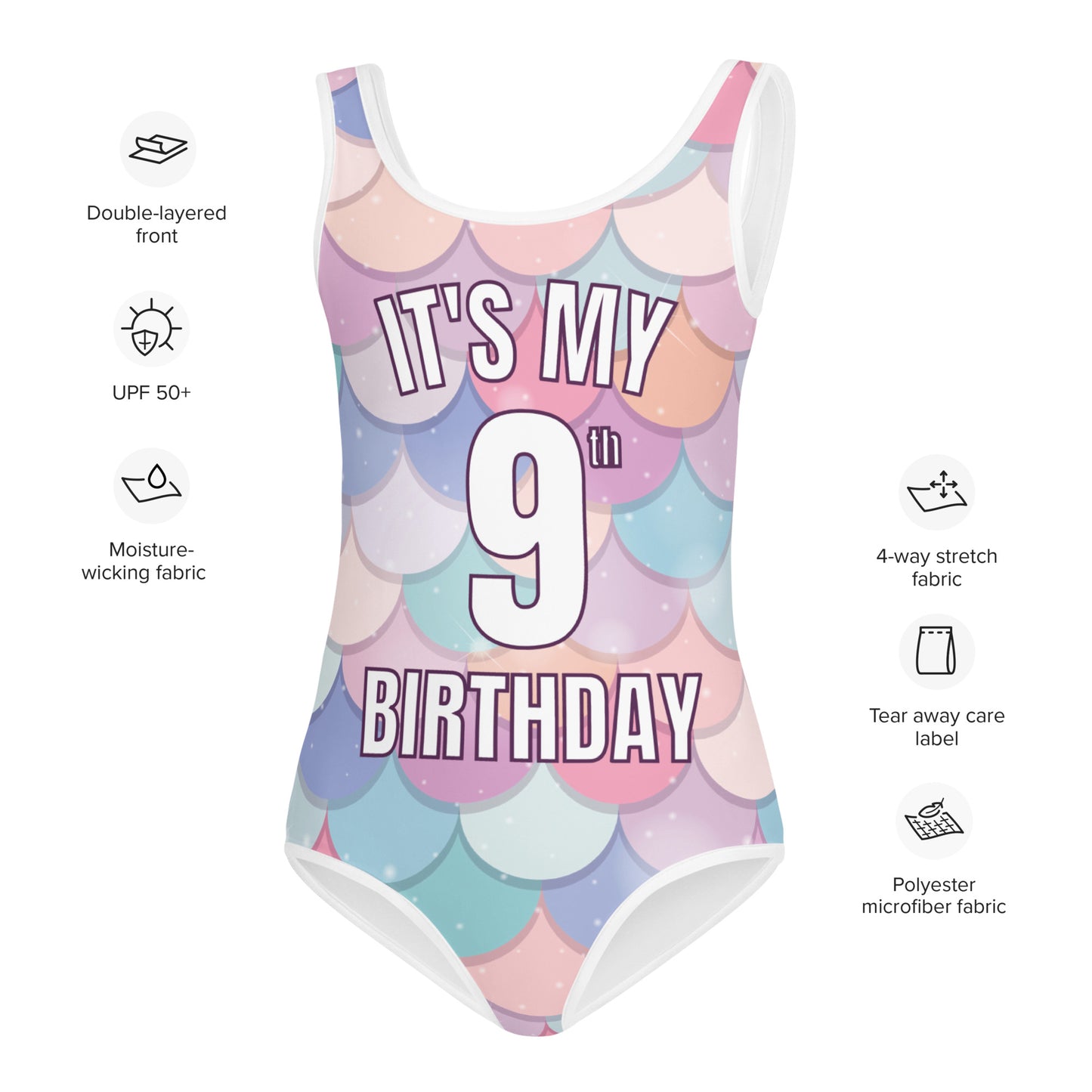 Girls Rainbow Mermaid Custom Age Birthday Swimsuit