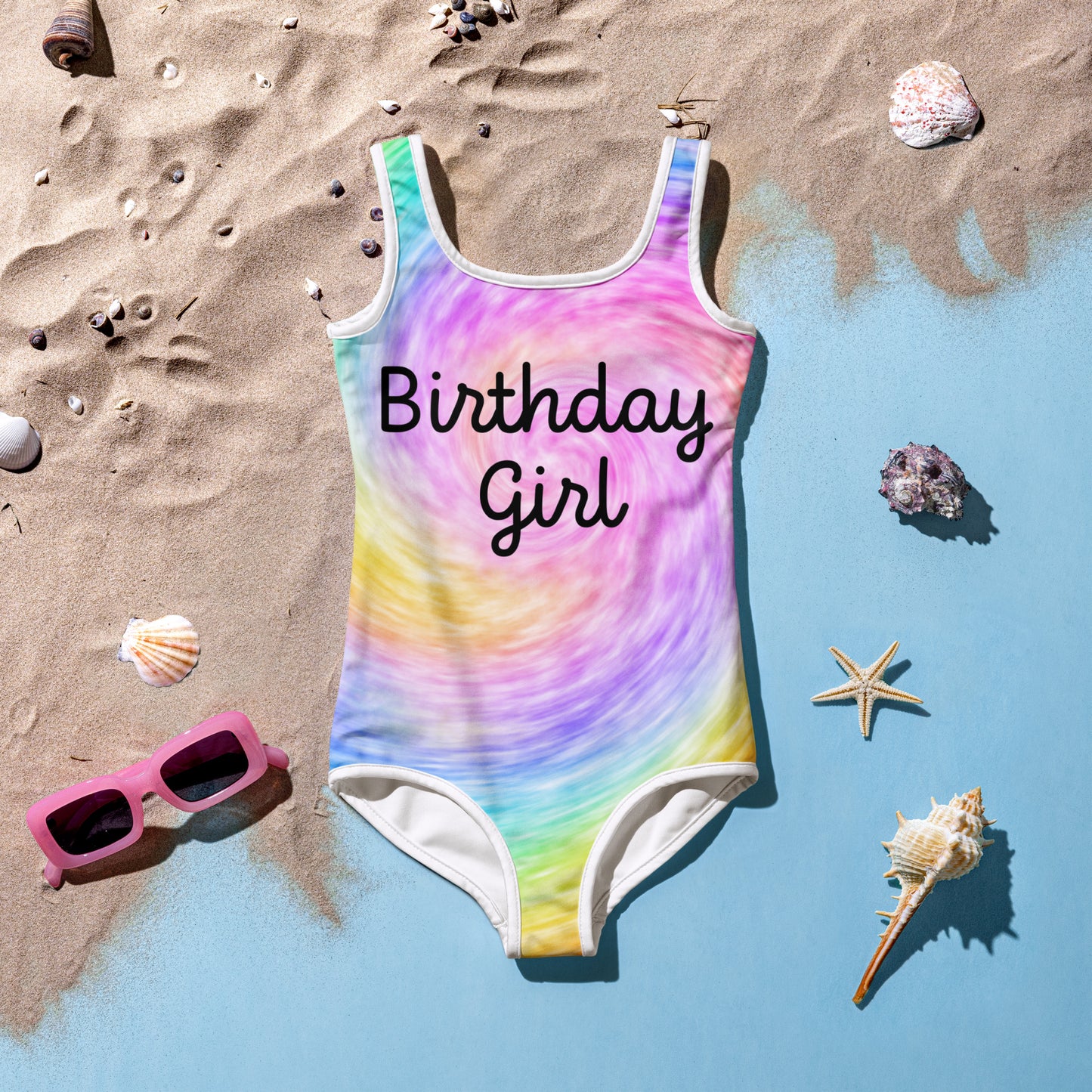 Girls Faux Rainbow Tie Dye Birthday Girl Swimsuit