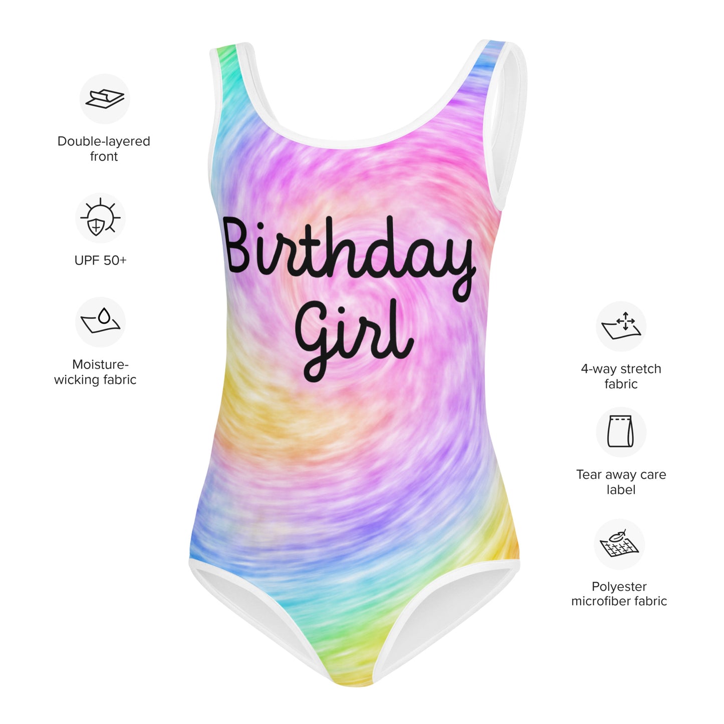 Girls Faux Rainbow Tie Dye Birthday Girl Swimsuit