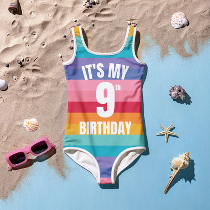 Girls Striped Rainbow Custom Age It's My Birthday Swimsuit