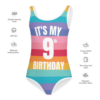 Girls Striped Rainbow Custom Age It's My Birthday Swimsuit