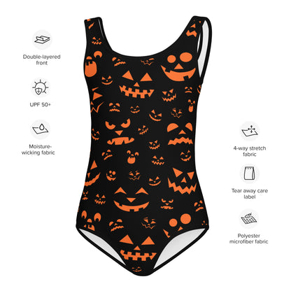 Girls Jack-O'-Lantern Faces Halloween Swimsuit