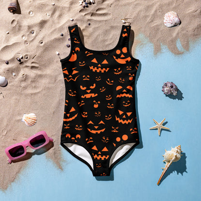 Girls Jack-O'-Lantern Faces Halloween Swimsuit